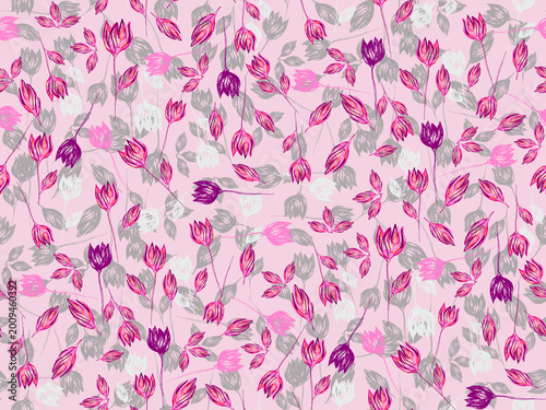 Seamless Floral Pattern with Hand-Drawn Pink and Purple Tulips on Light Pink Background