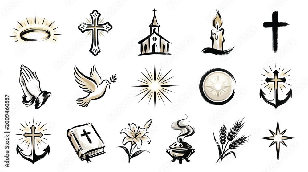 Fototapeta premium A collection of religious symbols and icons representing faith, spirituality, and Christian beliefs, including crosses, a dove, a bible, and a church.