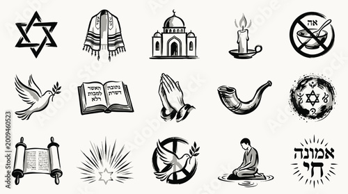 фотографія A collection of hand-drawn black and white icons representing various symbols of Judaism and religious practices