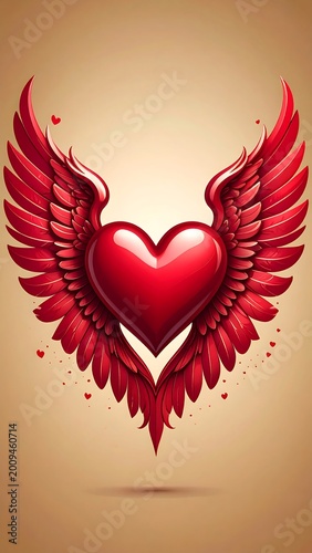 Vivid, glossy, red heart with elegant wings against a light, warm background, conveying love and affection. Scattered small hearts complete the design