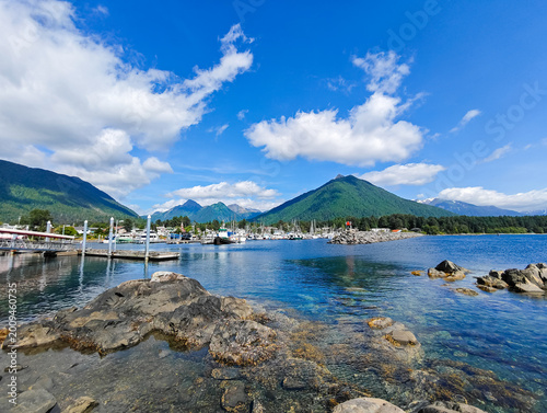 Tableau sur toile Sitka, Alaska - USA - August 3, 2024 - Scenic view of harbor with mountains and