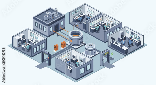 Isometric view of a modern industrial facility with various departments.