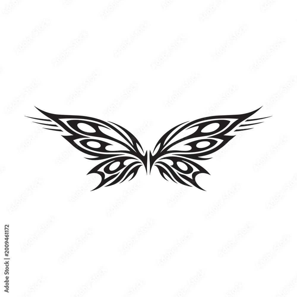 Obraz premium Tribal Butterfly Wings Black Outline — Symmetrical Tattoo Style Vector Design for Body Art, T-Shirt Print, Gothic Branding, and Motorcycle Decal