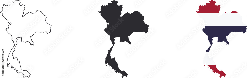 Fototapeta premium Thailand map set with outline, solid fill, and national flag style in clean vector format. Detailed country silhouette isolated on light background. Ideal for geography, travel design, infographics, 