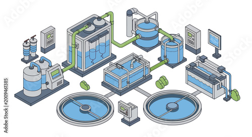 Billede på lærred Isometric Water Treatment Plant Diagram with Filtration Tanks.