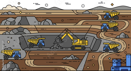 Schilderij op canvas Mining operation with excavators and trucks extracting minerals from the earth