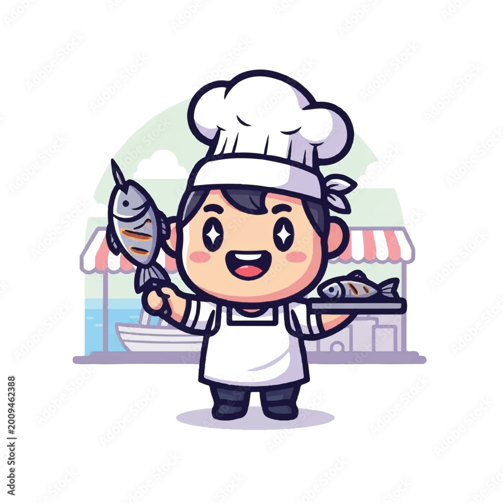 Fototapeta premium Smiling chef holding fresh fish.