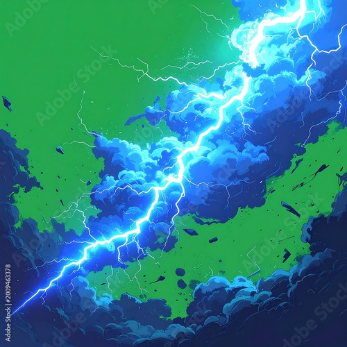 Vivid illustration of a brilliant blue lightning bolt striking through dark, stormy clouds against a bright green background