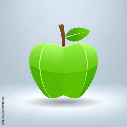 Vivid illustration of a glossy green fruit with a brown stem and a single green leaf, set against a gradient background