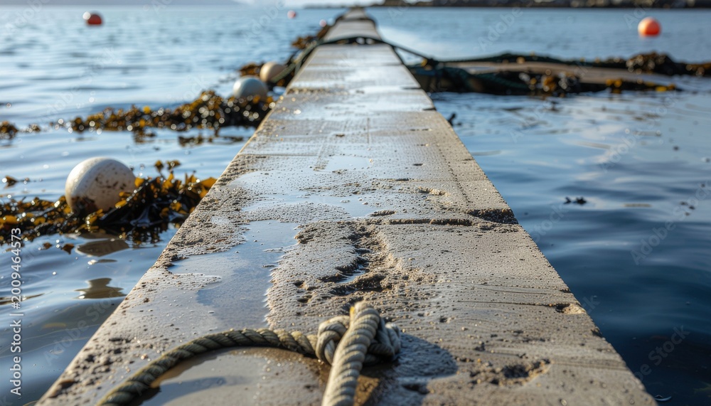 Naklejka premium Industrial Floating Concrete Walkway in the Ocean with Buoys and Seaweed, Concept of Maritime Infrastructure and Aquaculture Fishing Industry