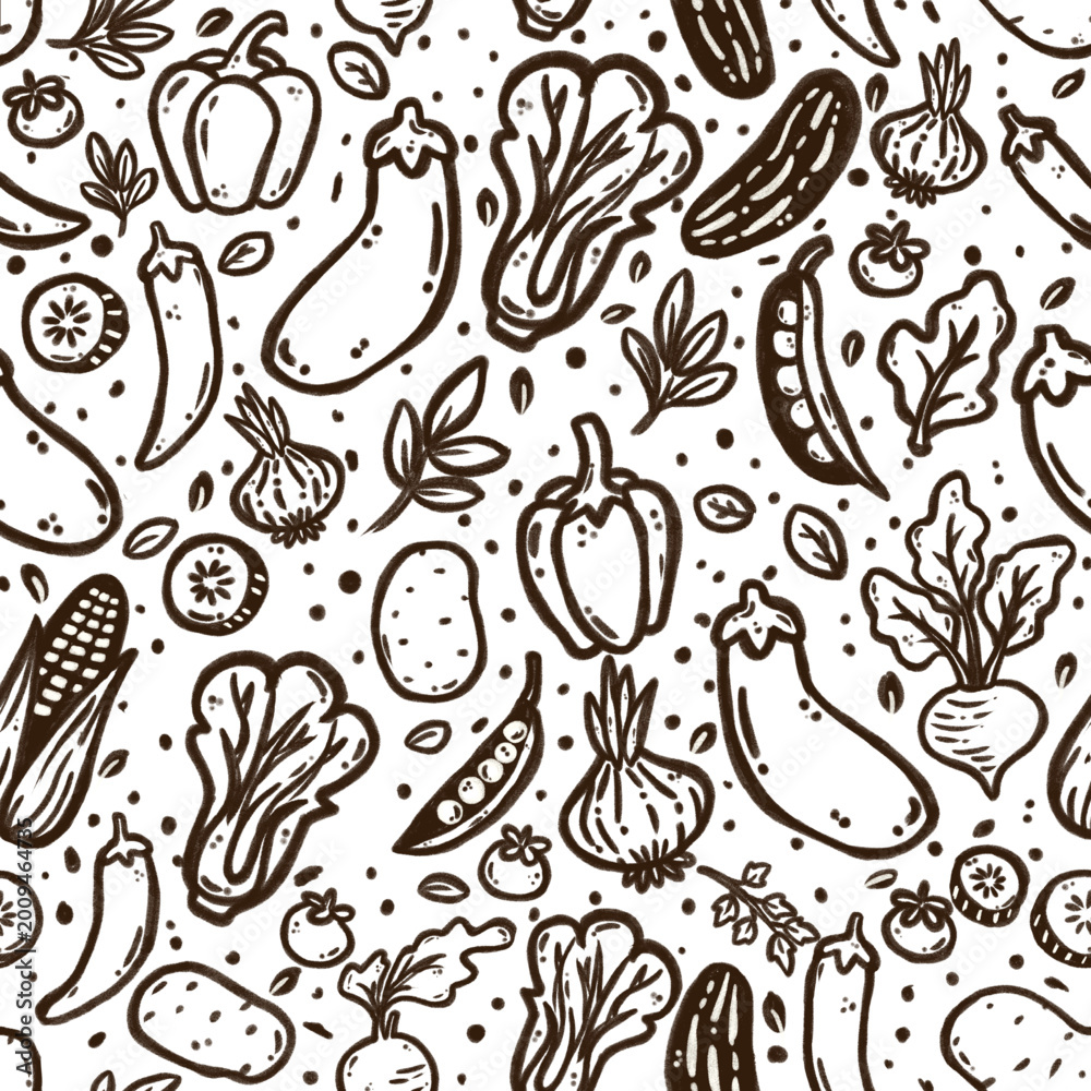 Fototapeta premium Seamless black and white vegetable pattern illustration featuring eggplant, pepper, onion, cucumber, corn, peas, beetroot, potato, and leafy greens. Perfect for minimalist food-themed designs.