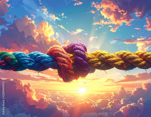 Vivid illustration of a multi-colored rope tied in a knot, stretching across a vibrant sky filled with clouds and sunlight