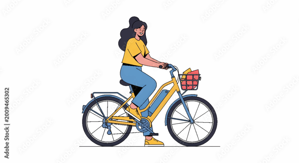 Fototapeta premium Woman riding an electric bicycle with a basket full of groceries, enjoying a healthy lifestyle and eco-friendly transportation.