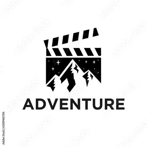 Adventure Film Production Logo with Mountain Silhouette and Clapperboard Design