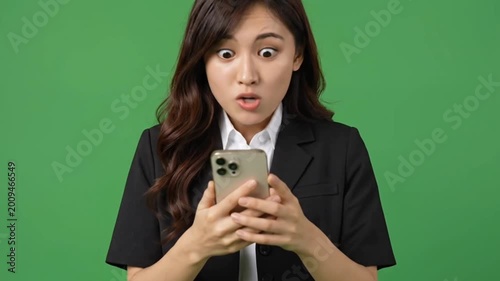 Young woman shocked to see cellphone screen with green screen