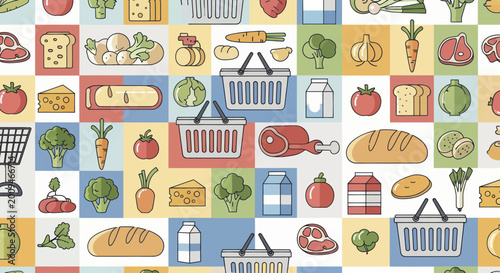 Cuadro en lienzo Colorful grocery store items pattern with various food products and shopping baskets