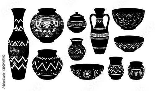 Schilderij op canvas Traditional pottery vector collection with clay pots vases and bowls in ethnic g