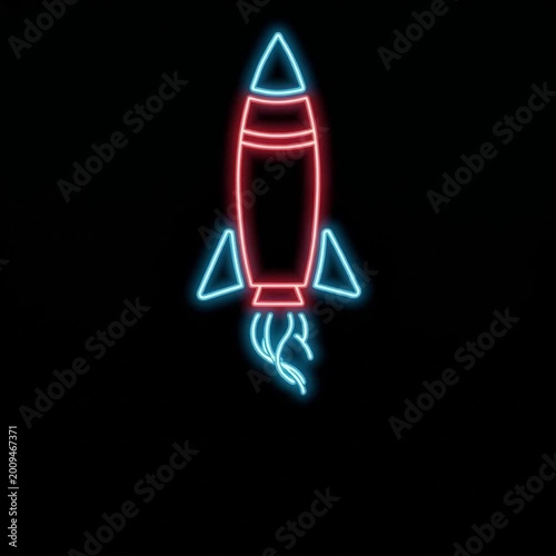 Vibrant neon-lit rocket ship blasting off into the darkness, depicted in a futuristic, glowing red and blue artistic style.