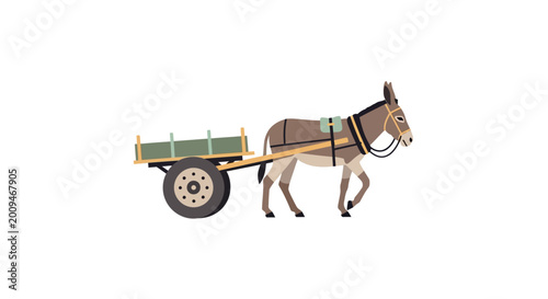 Donkey pulling a traditional wooden cart, flat illustration