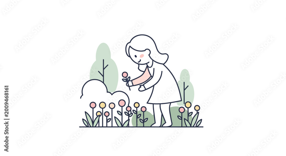 Obraz premium Little girl picking colorful flowers outside.