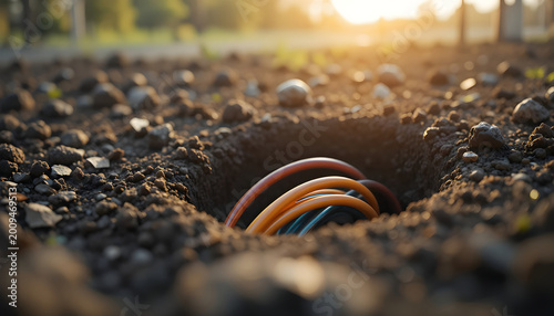 Underground Utility Cables in Trench Infrastructure Installation Construction Concept