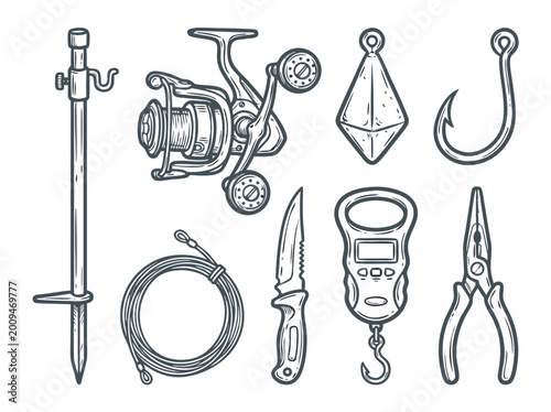 Fishing Equipment Vector Illustration Rod Reel Hook and More.