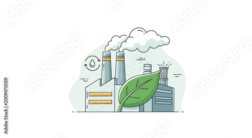 Industrial Factory with Green Leaf Emblem.