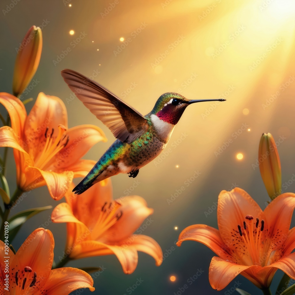 Fototapeta premium Small hummingbird flies near bright orange lilies. Golden sun rays shine through air with sparkling dust. Nature scene with warm vibrant colors and soft focus background.