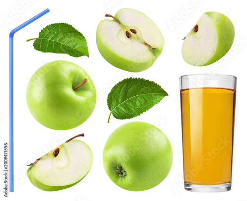 Collection of green apples, apple slices and juice in glass cup isolated on transparent background.