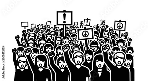 Bild auf Leinwand People protesting with raised hands signs.