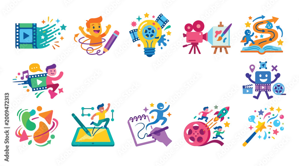 Fototapeta premium A vibrant collection of colorful icons representing creativity, innovation, and artistic expression across various media and activities.