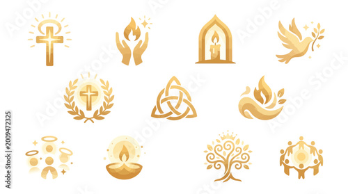 Collection of golden religious and spiritual symbols, including crosses, doves, candles, and trees of life, representing faith and spirituality.