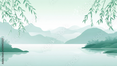 Green watercolor landscape painting style mountains and lake