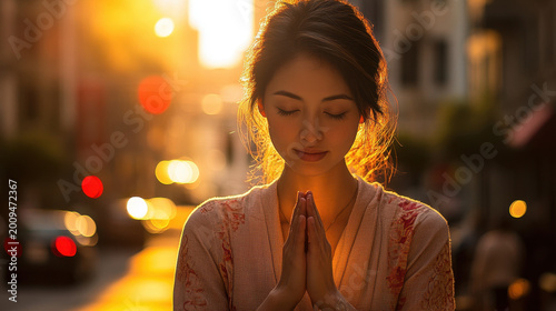 A woman praying with her hands clasped, sunlight gently illuminating her face, an intimate moment of gratitude