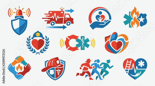 Foto Collection of diverse emergency service and healthcare icons, including ambulance, medical symbols, firefighters, and rescue personnel