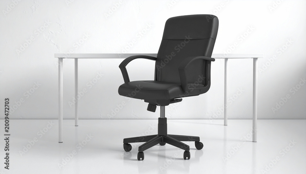Fototapeta premium Ergonomic Office Chair: A sleek and modern black ergonomic chair sits in a well-lit office, its design offering comfort and support for long work hours. The chair is placed beside a clean.