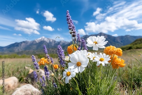 Bright Wildflowers in Bloom Against Stunning Mountain Landscape Under Clear Blue Sky