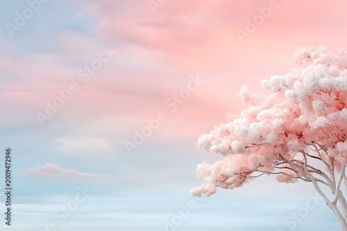Serene Pink Tree Against Soft Dreamy Sky at Sunrise with Gentle Cloud Textures