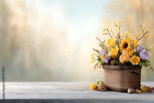 Beautiful Floral Arrangement in a Wooden Box with Spring Flowers and Soft Background
