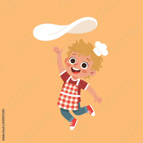 Happy Little Boy Chef Tossing Pizza Dough in the Air with Joy.