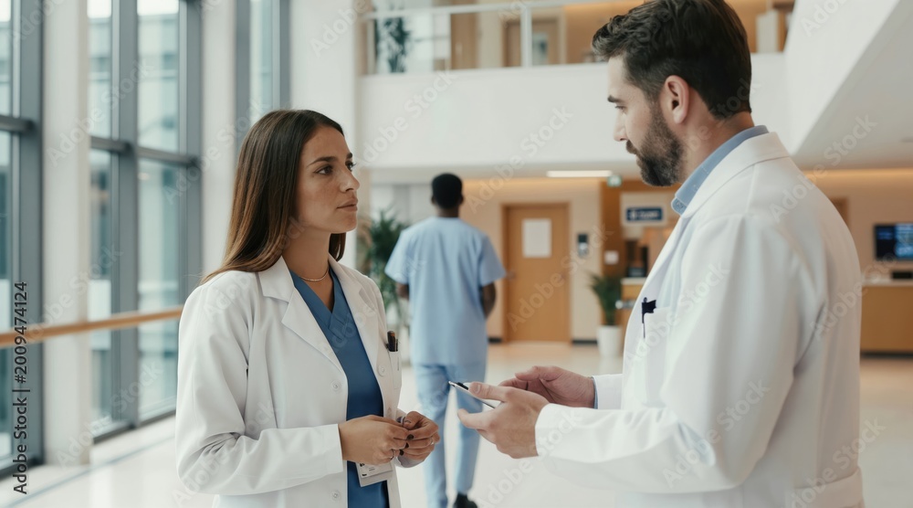 Obraz premium Doctor in white lab coat talks with colleague in hospital corridor. Medical workers discuss patient care near windows. Healthcare professionals communicate, share info.