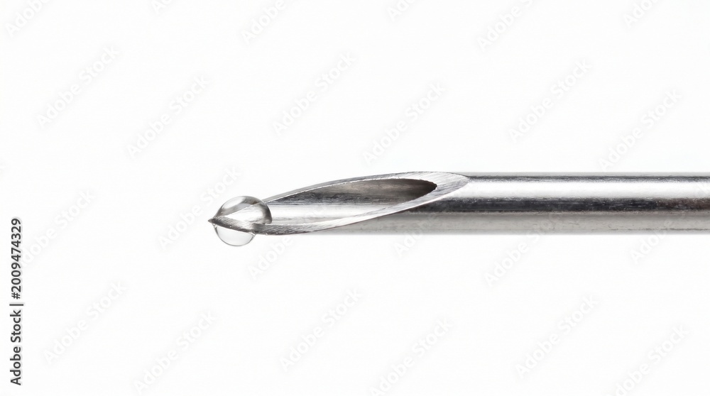 Fototapeta premium Macro Shot of Medical Hypodermic Needle Tip with Liquid Droplet Isolated on White