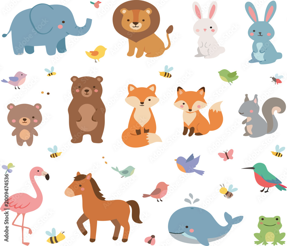 Fototapeta premium Cute animals and birds vector set with forest wildlife pets and insects, adorable cartoon collection for kids design