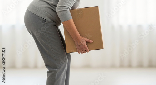 Person with back pain from lifting a heavy cardboard box, illustrating the risks of improper lifting techniques and potential injuries