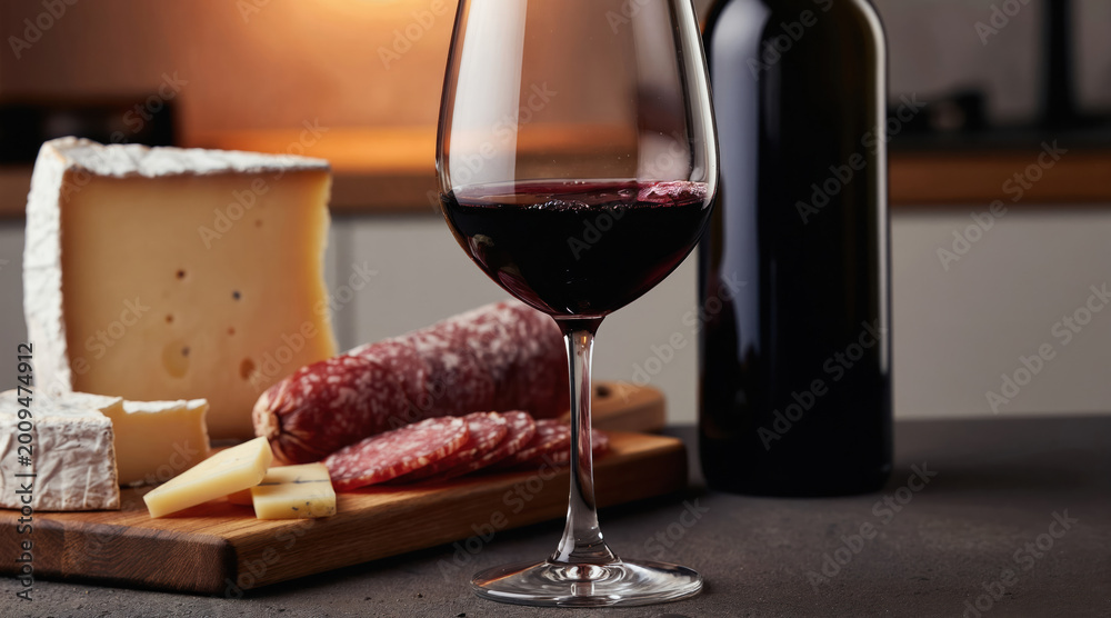 Naklejka premium Red wine in glass next to cheese and salami on wooden board. Bottle of wine stands beside charcuterie platter. Perfect for food blog recipes and culinary content creation.