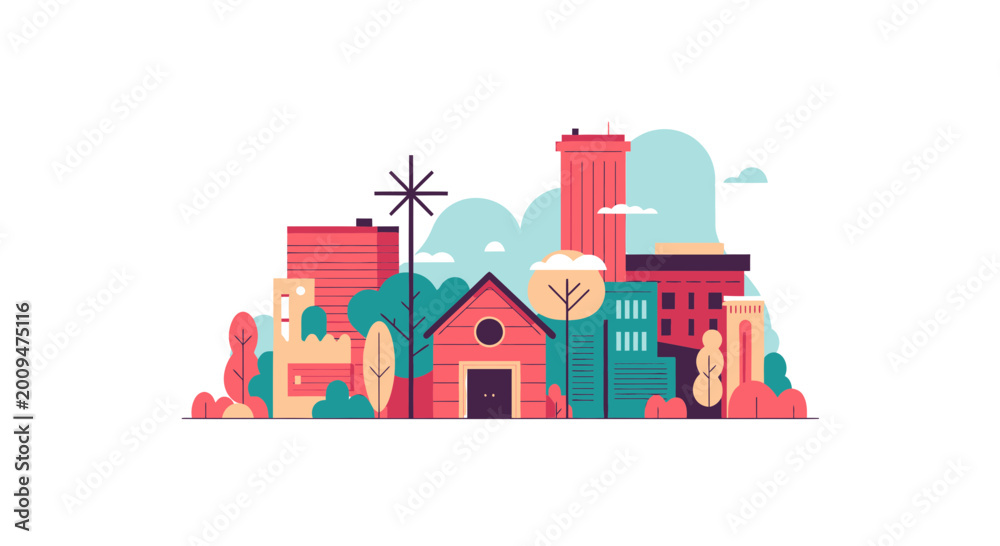 Fototapeta premium Modern Flat Vector Illustration of a Colorful Urban Cityscape
