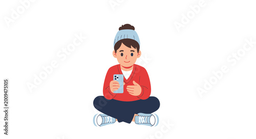 Young person sitting on floor using smartphone illustration