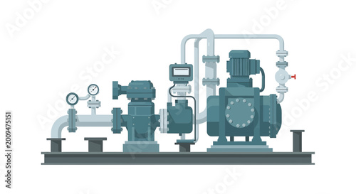 Industrial Pump Station Illustration with Motor and Pressure Gauges