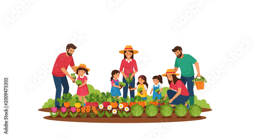Happy Families and Children Gardening Together Vector Illustration
