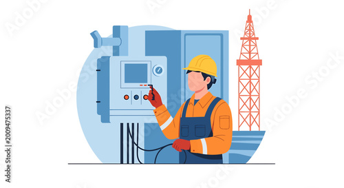 Industrial Engineer Operating Control Panel Vector Illustration